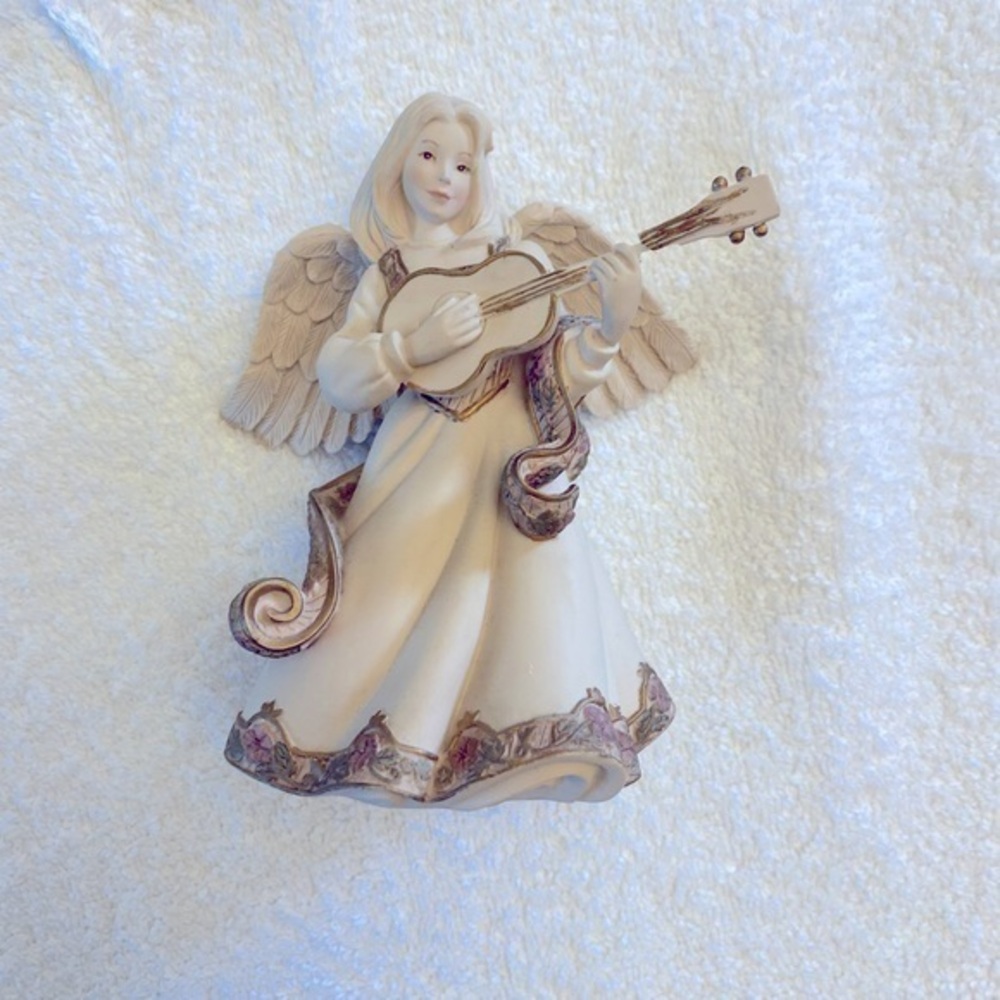 Cream Angel Figurine Playing Guitar - Decorative Home Accent